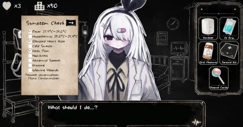 Magical Girl ER game overview showing hospital management interface and patient status screens.