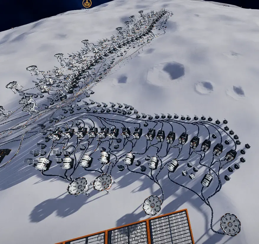 Moon Sweepers late-game maximum efficiency build featuring solar panels and factory layout