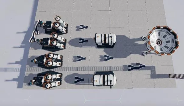 Moon Sweepers factory machines and splitters placed in a half-size layout.