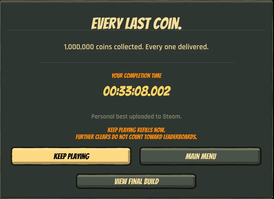one million coins end game screen showing completion time