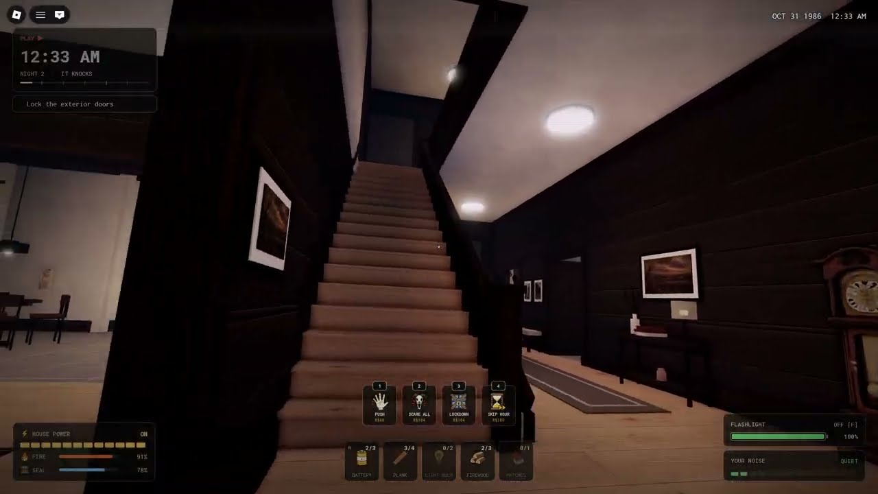 It Wants In All Nights player surviving inside the lit living room near the fireplace