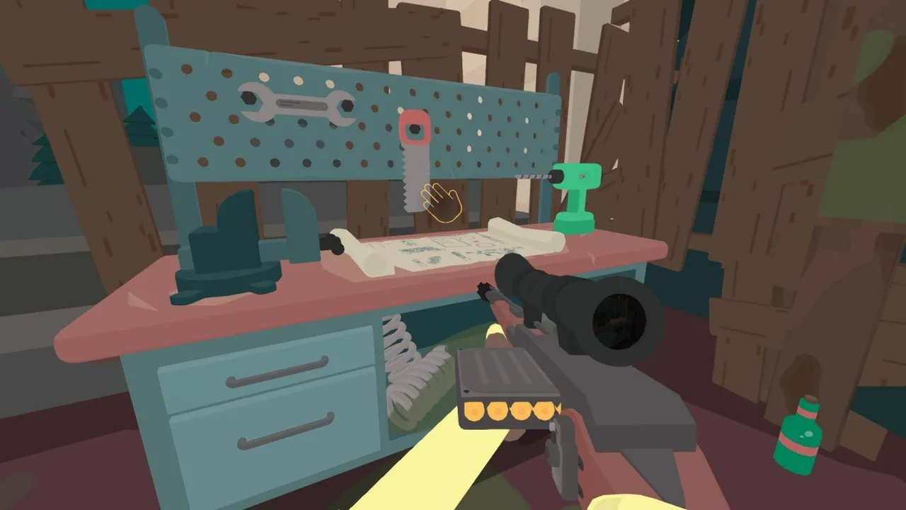 SULFUR outdoor workbench near the chairs used for removing weapon attachments