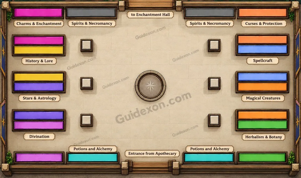 Witch Cabin Cleanup library map showing clockwise shelf order starting from Apothecary